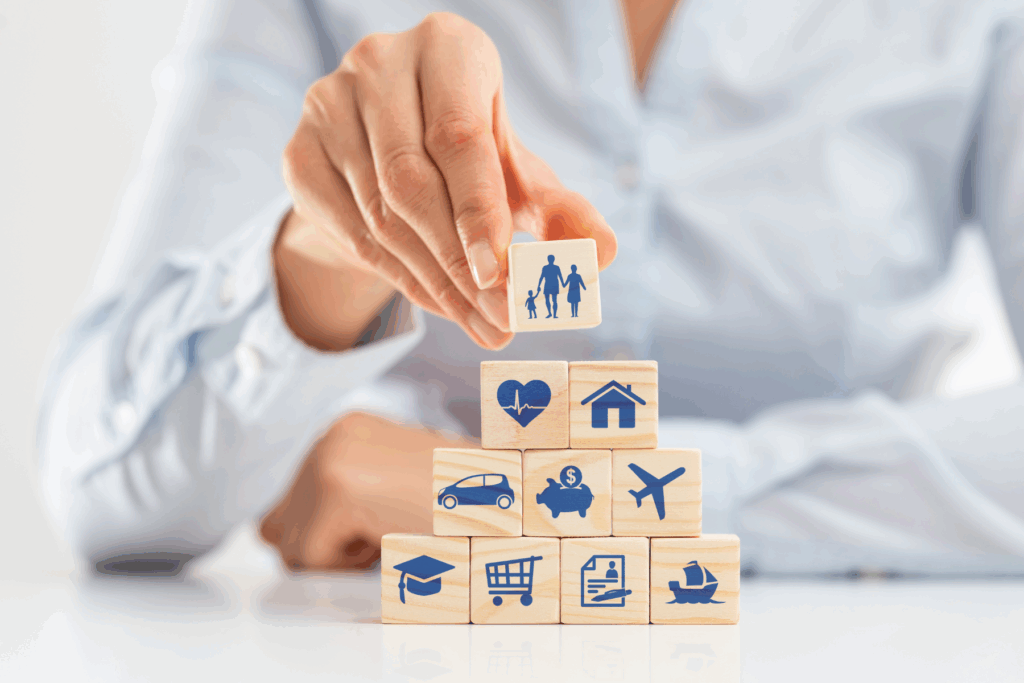 stacked wood blocks of insurance services logos